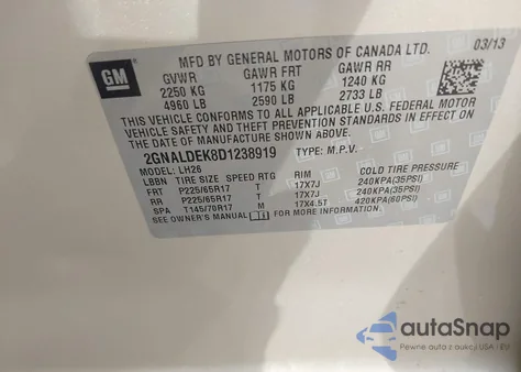 2013 Chevrolet Equinox 1Lt from USA, damaged, VIN 2GNALDEK8D1238919